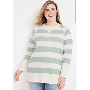 Maurices Rugby‎ Fleece Sweater Mint Ivory Striped Pullover Cozy Plus Size OX NWT
